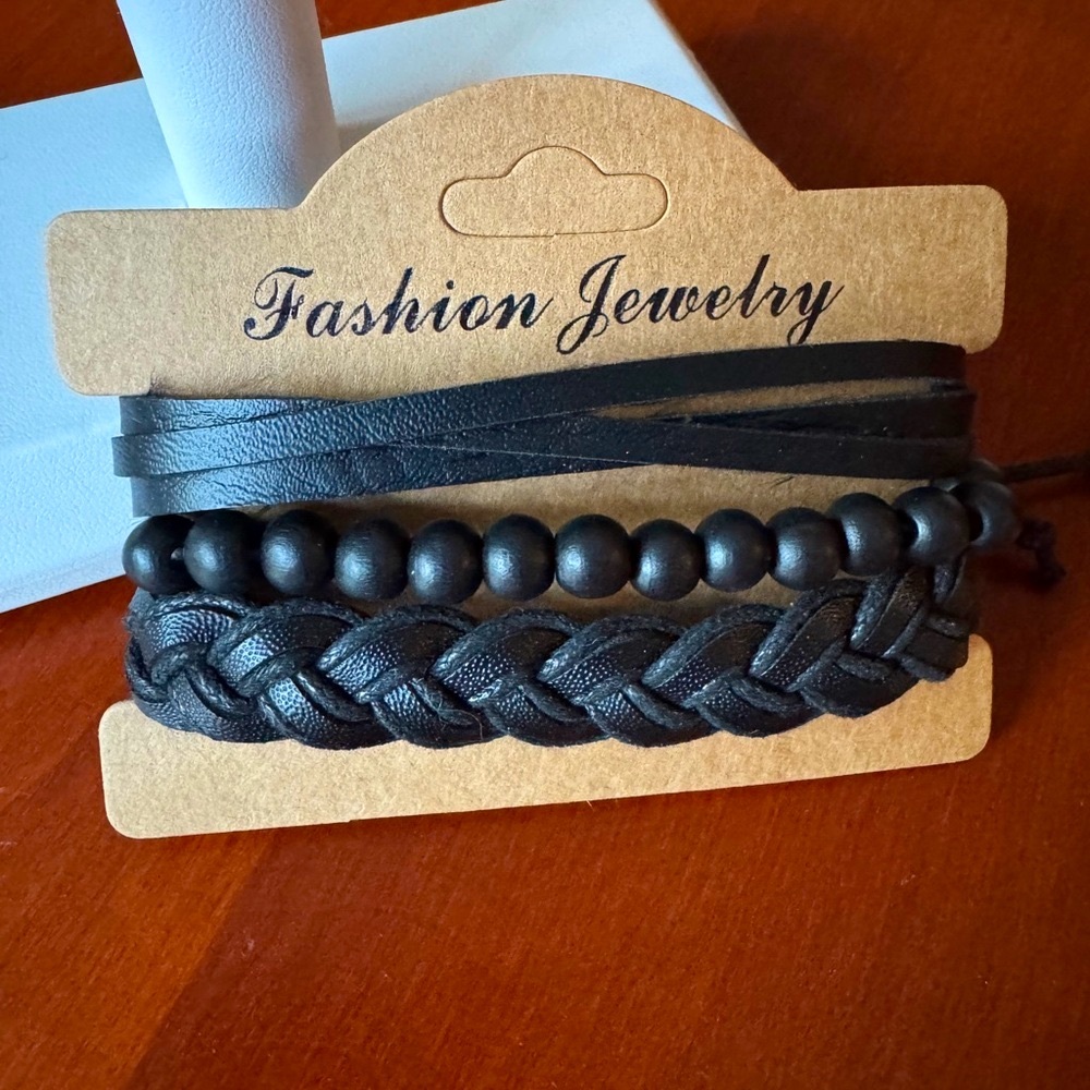 Fashion Jewelry Black Braided, Multi-strand Leather and Bead Bracelet Set